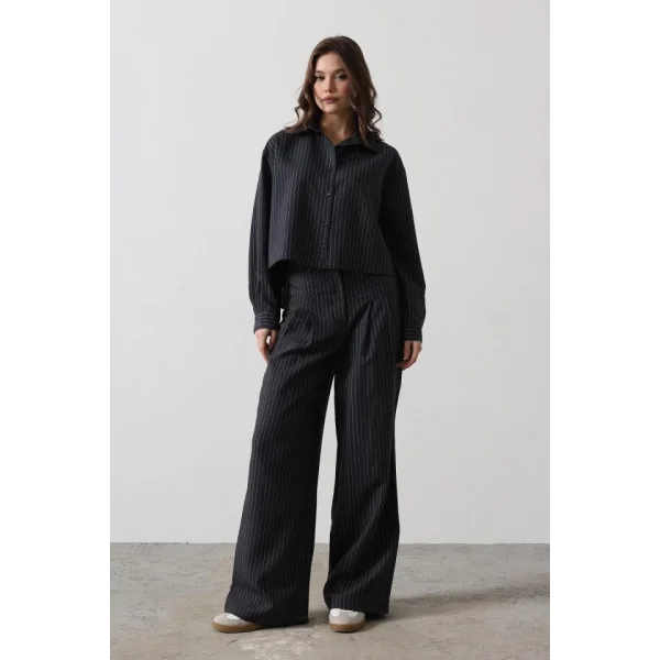 Çizgili Gömlek Pantolon Takım  acivert