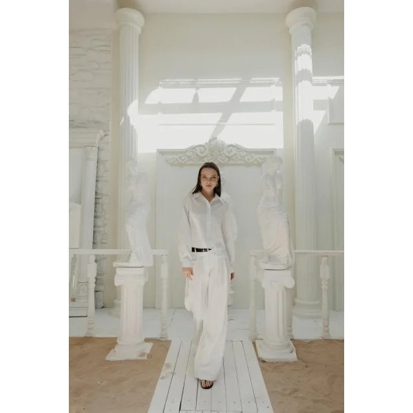 Çizgili Gömlek Pantolon Takım  Beyaz