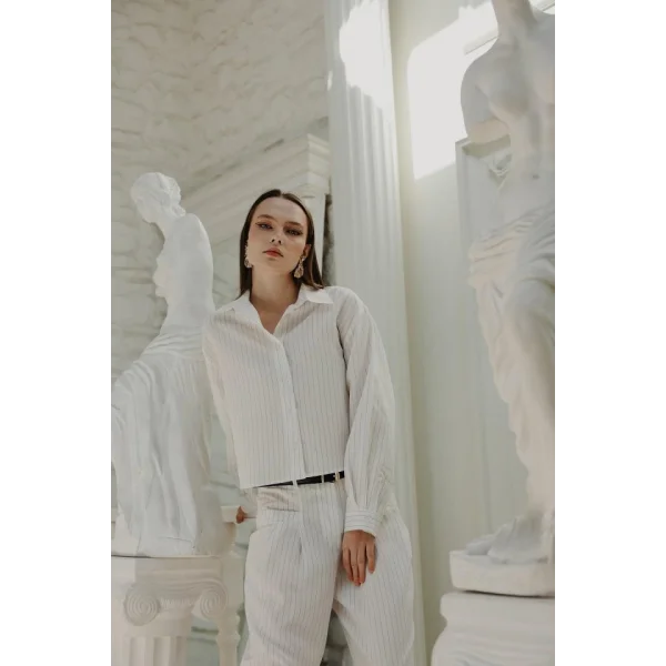 Çizgili Gömlek Pantolon Takım  Beyaz