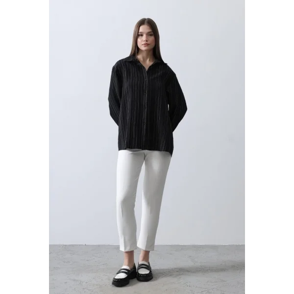 Çizgili İnce Gömlek  iyah