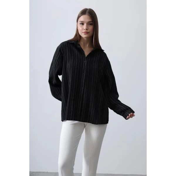 Çizgili İnce Gömlek  iyah