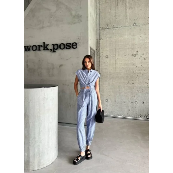 ÇİZGİLİ KETEN KOLSUZ CROP PANTOLON TAKIM - Lacivert