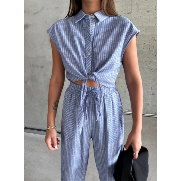 ÇİZGİLİ KETEN KOLSUZ CROP PANTOLON TAKIM - Lacivert