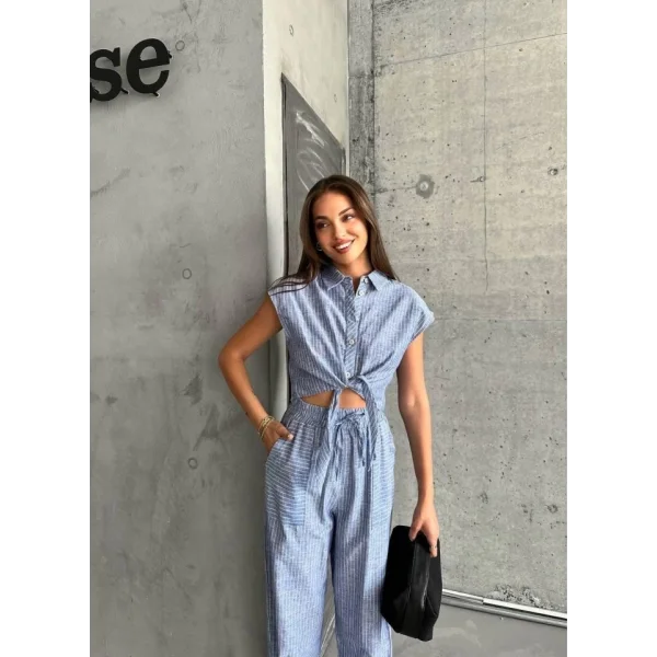 ÇİZGİLİ KETEN KOLSUZ CROP PANTOLON TAKIM - Lacivert