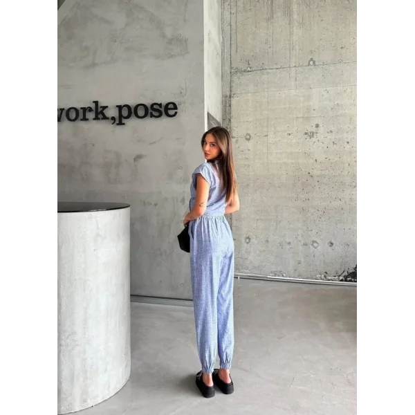 ÇİZGİLİ KETEN KOLSUZ CROP PANTOLON TAKIM - Lacivert