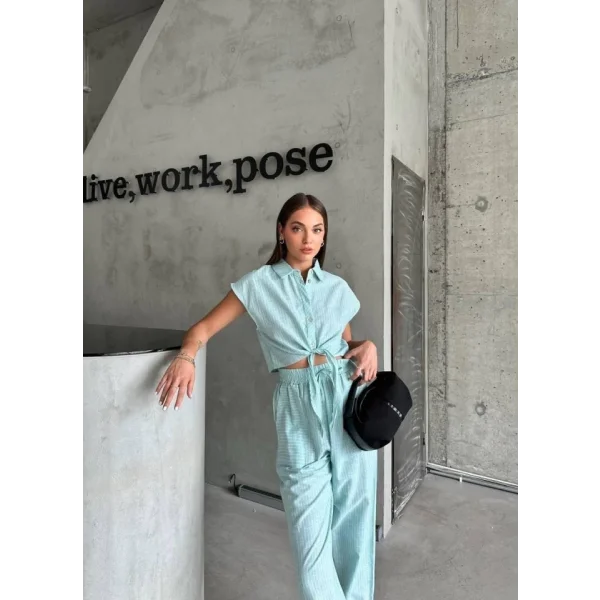 ÇİZGİLİ KETEN KOLSUZ CROP PANTOLON TAKIM - Yeşil