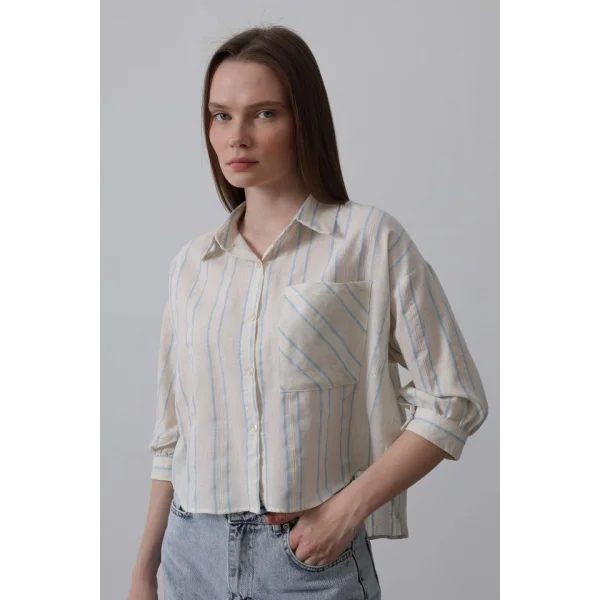 Çizgili Kısa Gömlek  Bej avi