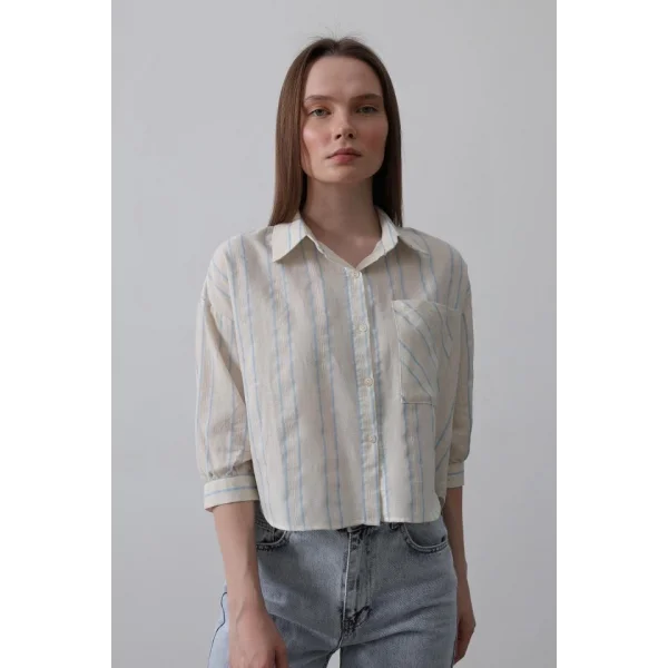 Çizgili Kısa Gömlek  Bej avi