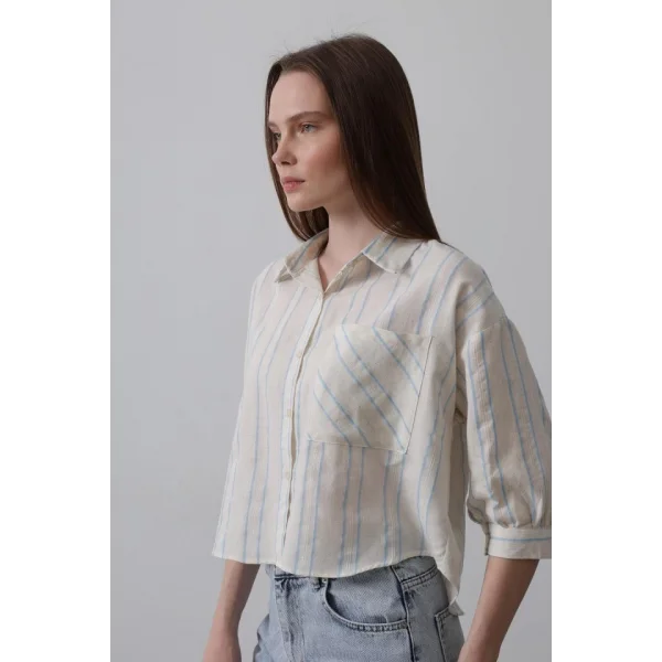 Çizgili Kısa Gömlek  Bej avi