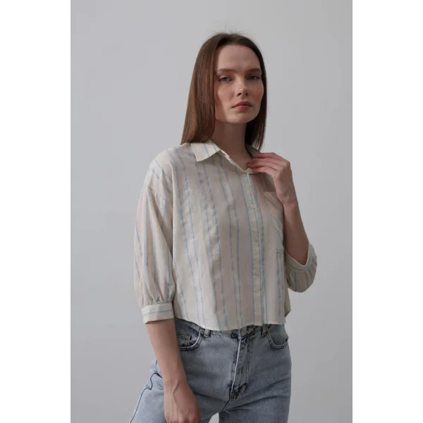 Çizgili Kısa Gömlek  Bej avi