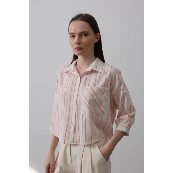 Çizgili Kısa Gömlek - Bej Pembe