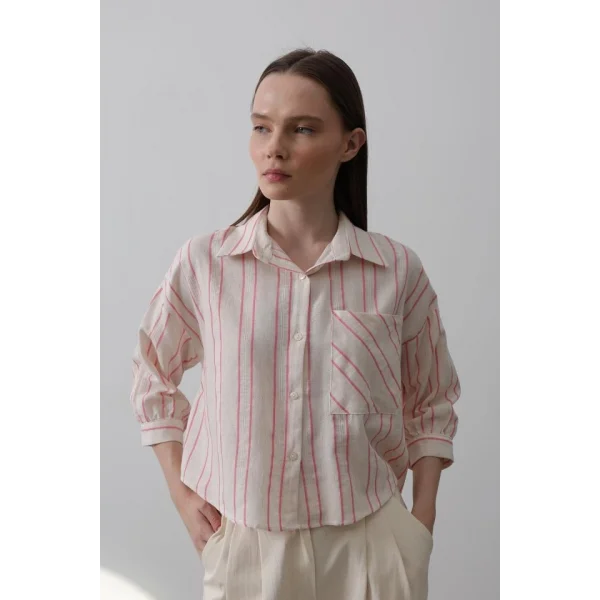 Çizgili Kısa Gömlek - Bej Pembe