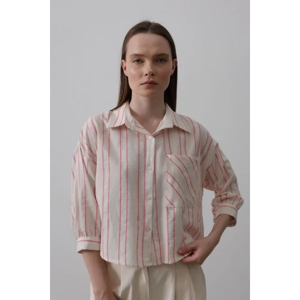 Çizgili Kısa Gömlek - Bej Pembe