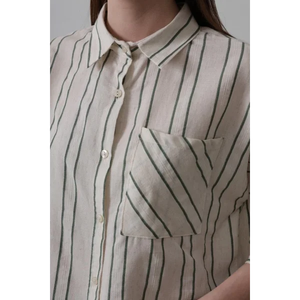 Çizgili Kısa Gömlek - Bej-Yeşil