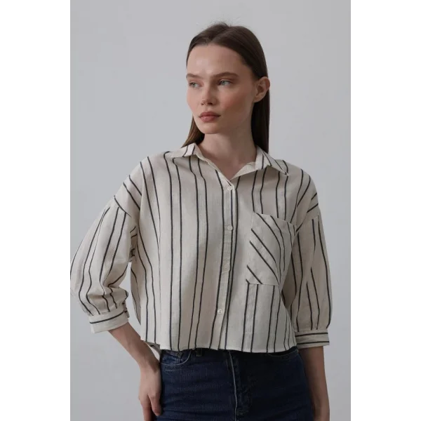 Çizgili Kısa Gömlek  Bejacivert