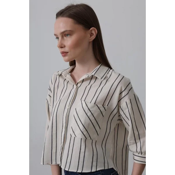 Çizgili Kısa Gömlek  Bejacivert