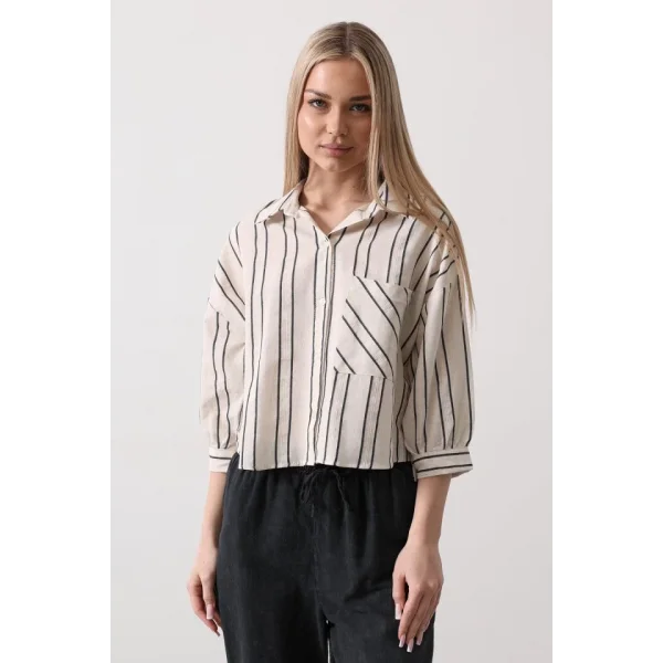 Çizgili Kısa Gömlek  Ekruacivert
