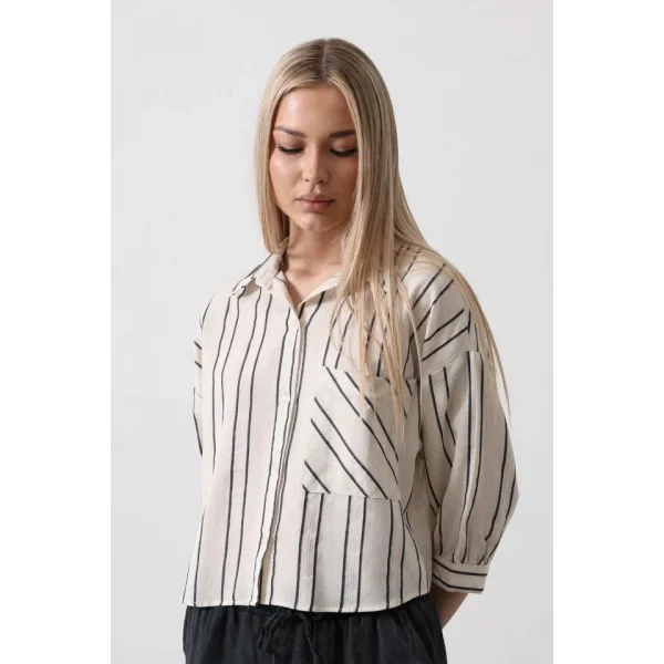 Çizgili Kısa Gömlek  Ekruacivert