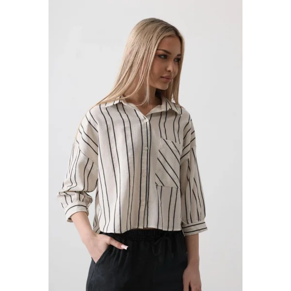 Çizgili Kısa Gömlek  Ekruacivert