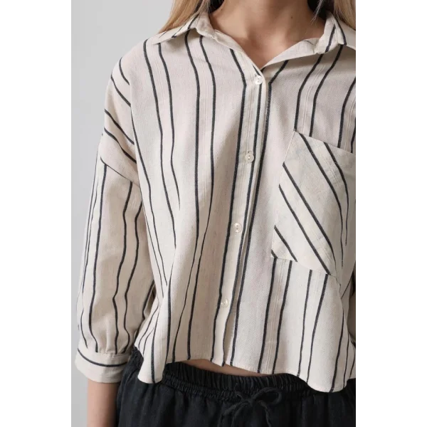 Çizgili Kısa Gömlek  Ekruacivert