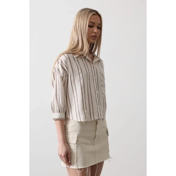 Çizgili Kısa Gömlek  EkruKahve