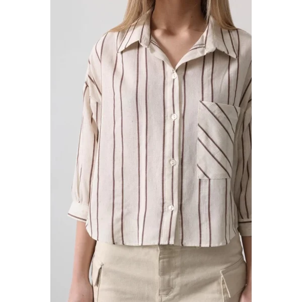 Çizgili Kısa Gömlek  EkruKahve