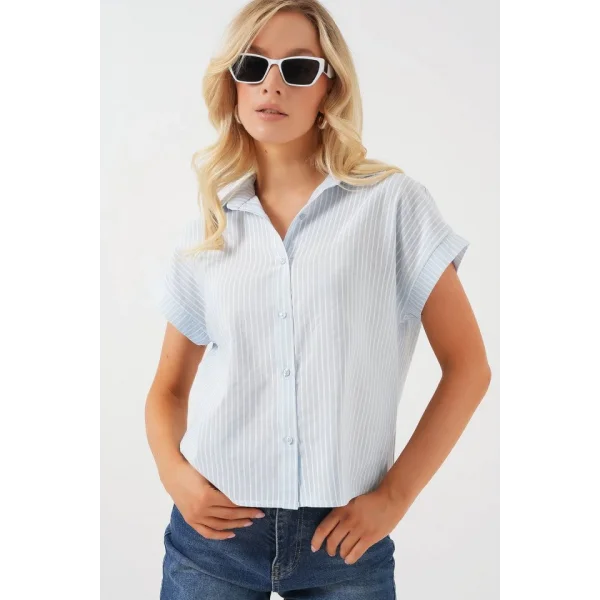Çizgili Kısa Kol Gömlek 20324 - Açık Mavi