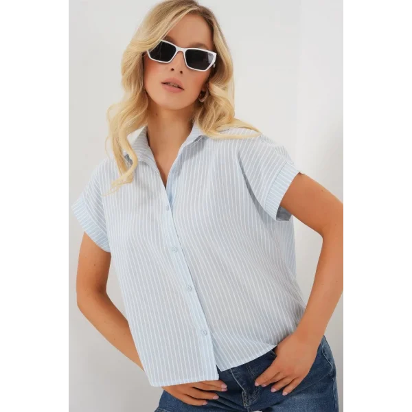 Çizgili Kısa Kol Gömlek 20324 - Açık Mavi