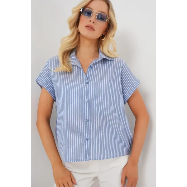Çizgili Kısa Kol Gömlek 20324 - İndigo