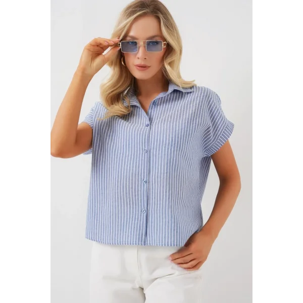 Çizgili Kısa Kol Gömlek 20324 - İndigo