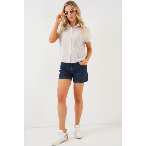 Çizgili Kısa Kol Gömlek 20324 - Krem