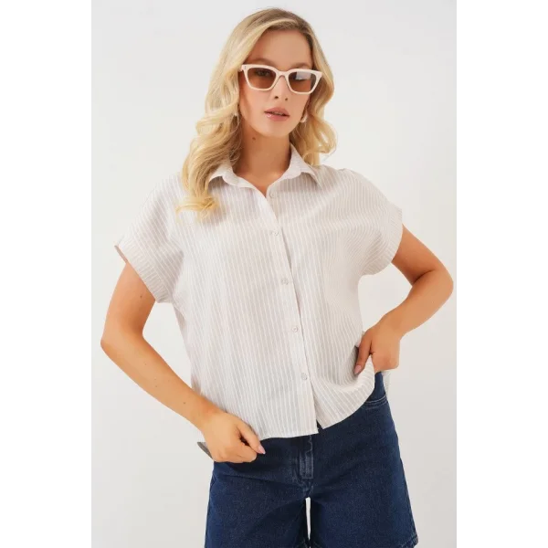 Çizgili Kısa Kol Gömlek 20324 - Krem