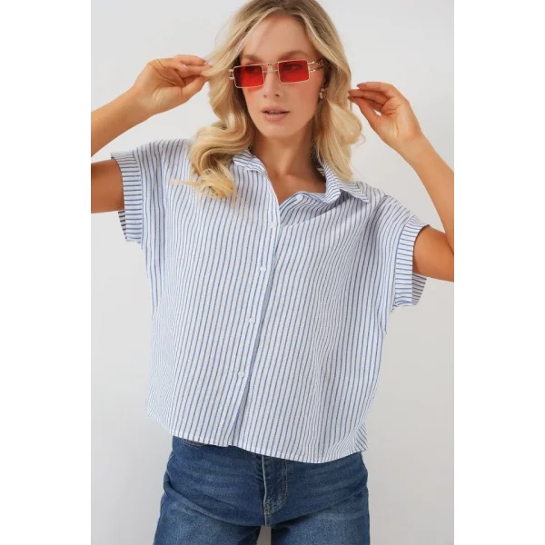 Çizgili Kısa Kol Gömlek 20324 - Mavi