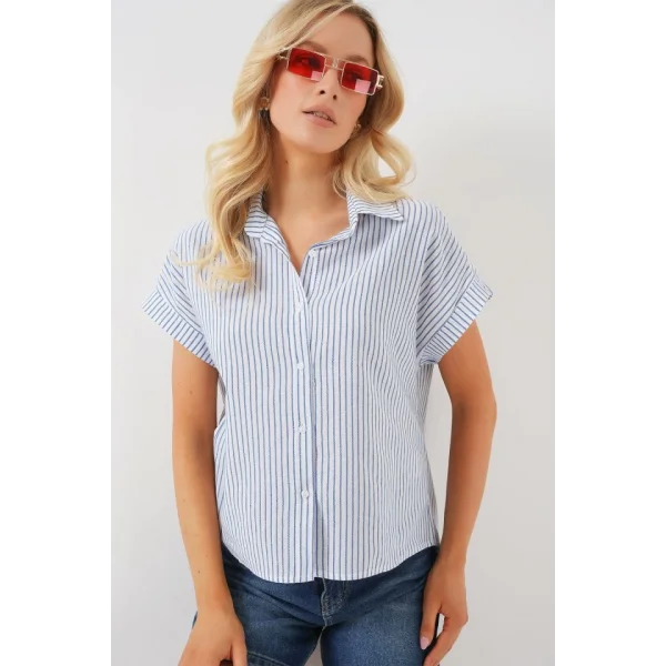 Çizgili Kısa Kol Gömlek 20324 - Mavi
