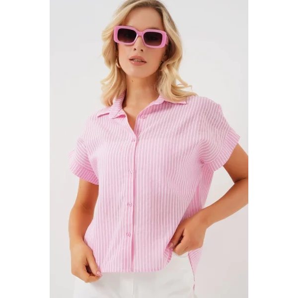 Çizgili Kısa Kol Gömlek 20324 - Pembe