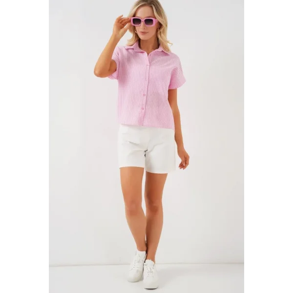 Çizgili Kısa Kol Gömlek 20324 - Pembe