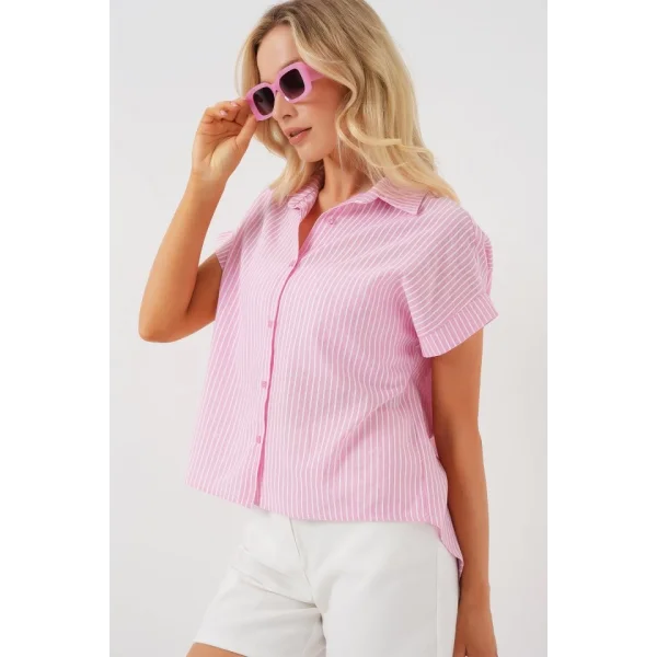 Çizgili Kısa Kol Gömlek 20324 - Pembe