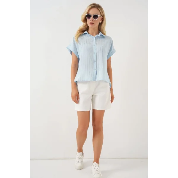 Çizgili Kısa Kol Gömlek 20327 - Mavi