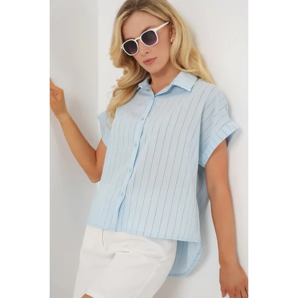 Çizgili Kısa Kol Gömlek 20327 - Mavi