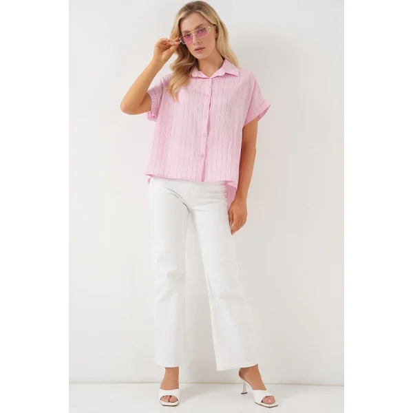 Çizgili Kısa Kol Gömlek 20327 - Pembe