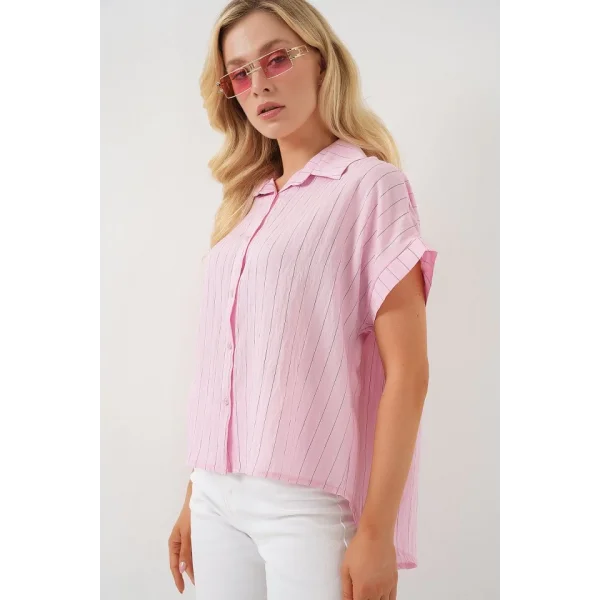Çizgili Kısa Kol Gömlek 20327 - Pembe
