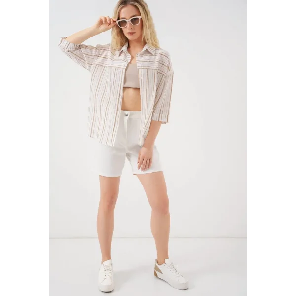 Çizgili Kısa Kol Gömlek 20344 - Krem