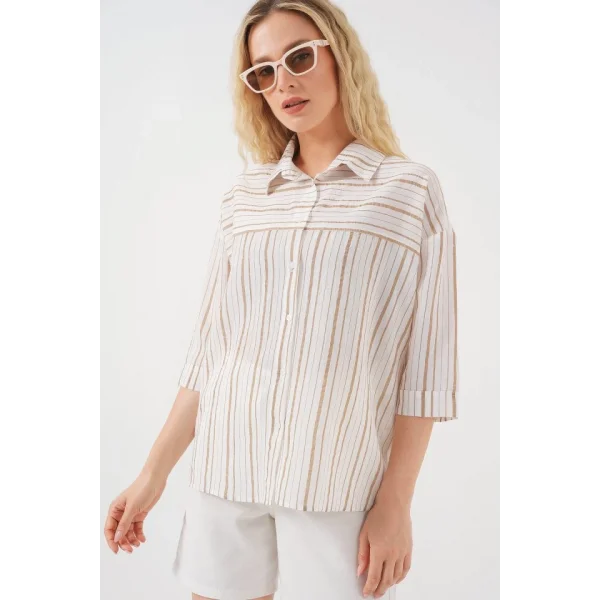 Çizgili Kısa Kol Gömlek 20344 - Krem