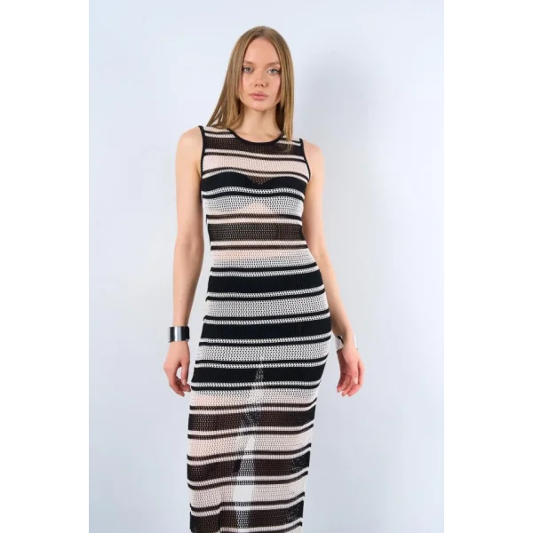 Çizgili Kolsuz Uzun Elbise  SiyahKrem