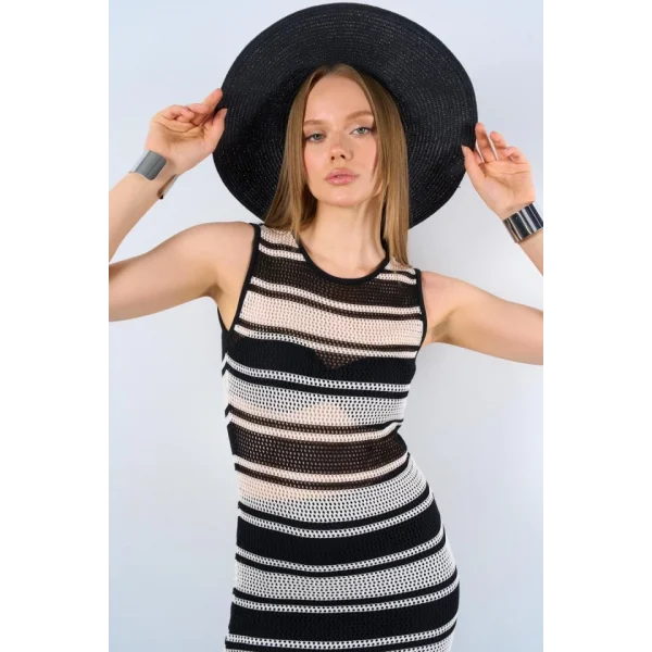 Çizgili Kolsuz Uzun Elbise  SiyahKrem