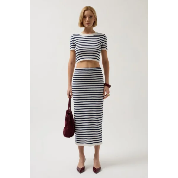 Çizgili Midi Dokulu Etek