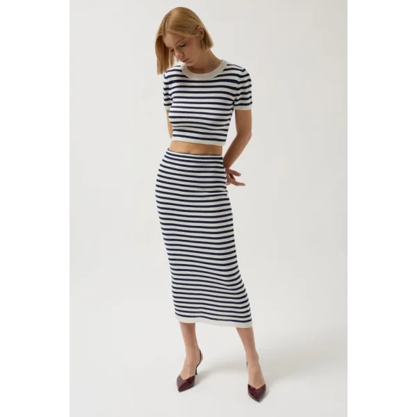 Çizgili Midi Dokulu Etek