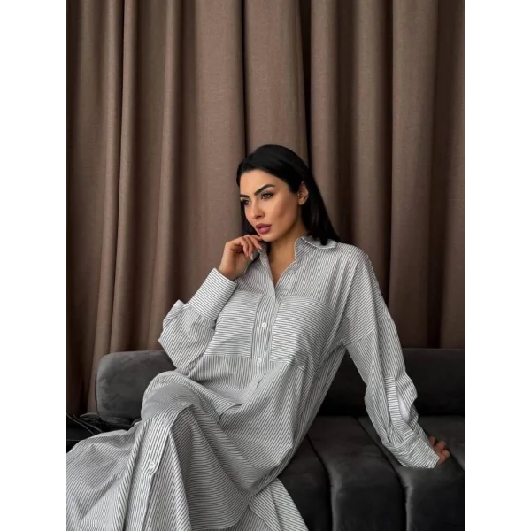 Çizgili Midi Gömlek Elbise