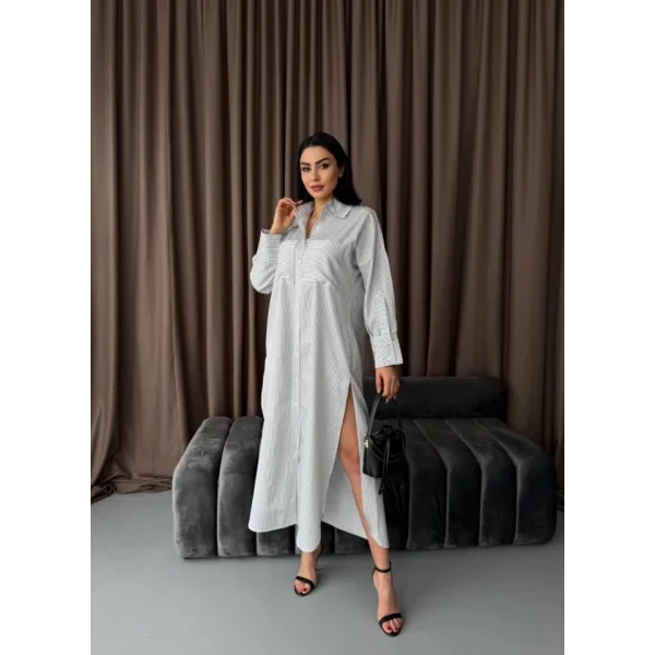 Çizgili Midi Gömlek Elbise