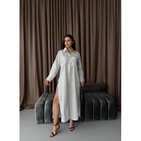 Çizgili Midi Gömlek Elbise